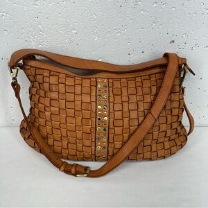 Marta Ponti Cognac Studded Woven Leather Shoulder Crossbody Bag Purse